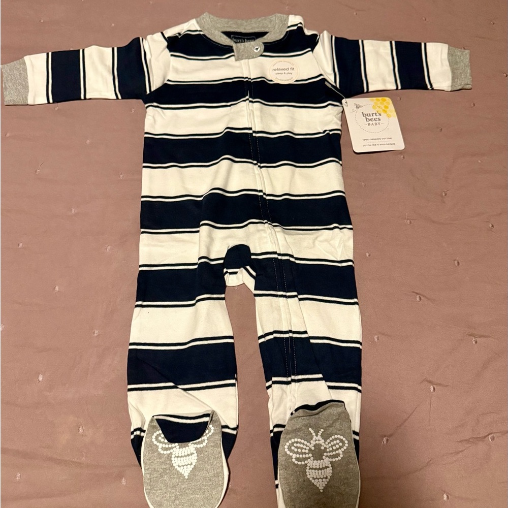 Burt's Bees Baby Striped Navy and White Footie